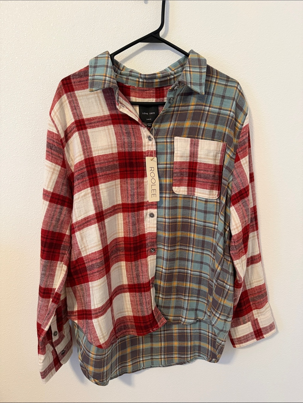 Roolee Two-Tone Plaid Button-Up Shirt in Red, Cream & Blue